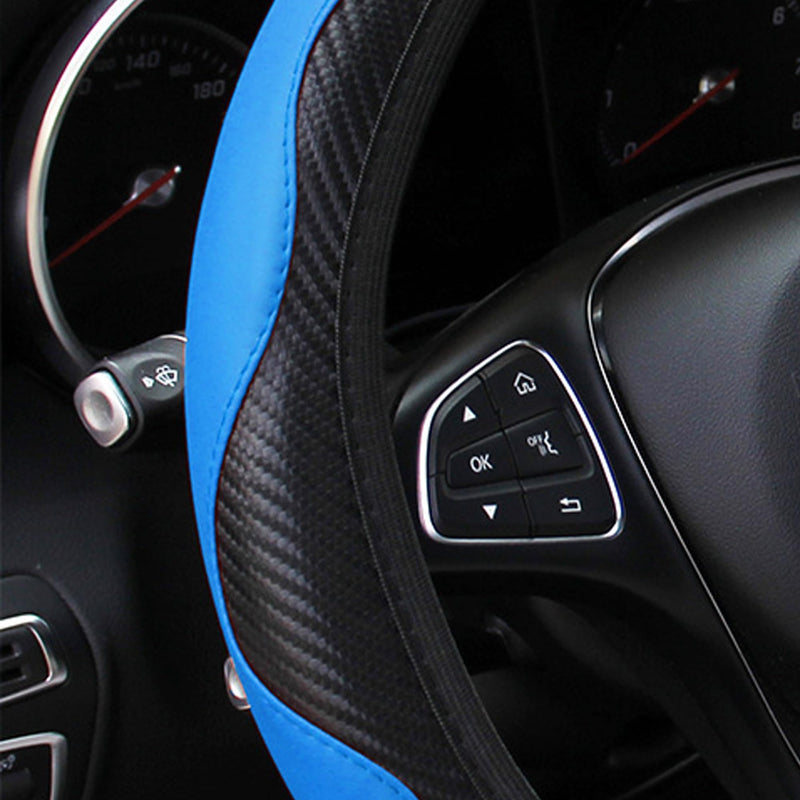Car Steering Wheel Cover, 15 inch Carbon Fiber Microfiber PU Leather Elastic Steering Wheel Protector for Men Women, Anti-Slip Breathable Car Interior Accessories for Most Cars (Blue) Blue