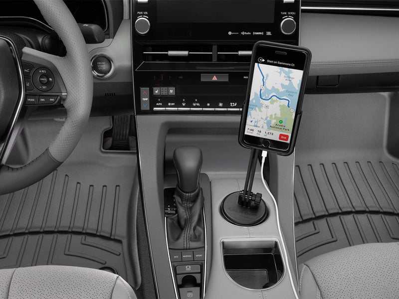 WeatherTech CupFone Two View with Extension – Adjustable, Universal Cup Holder Cell Phone Mount Car & Truck Accessory – Best Design for iPhone & Smartphone Charging – Black Plastic Knobs