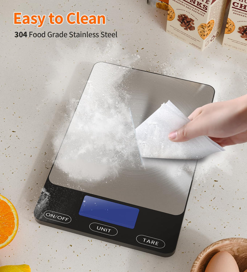 Food Scale -33lb Digital Kitchen Scale for Food Ounces Grams Rechargeable 305 Stainless Steel,Batteries and Type-C Charging | Perfect for Meal Prep, Cooking, and Baking, Black Large