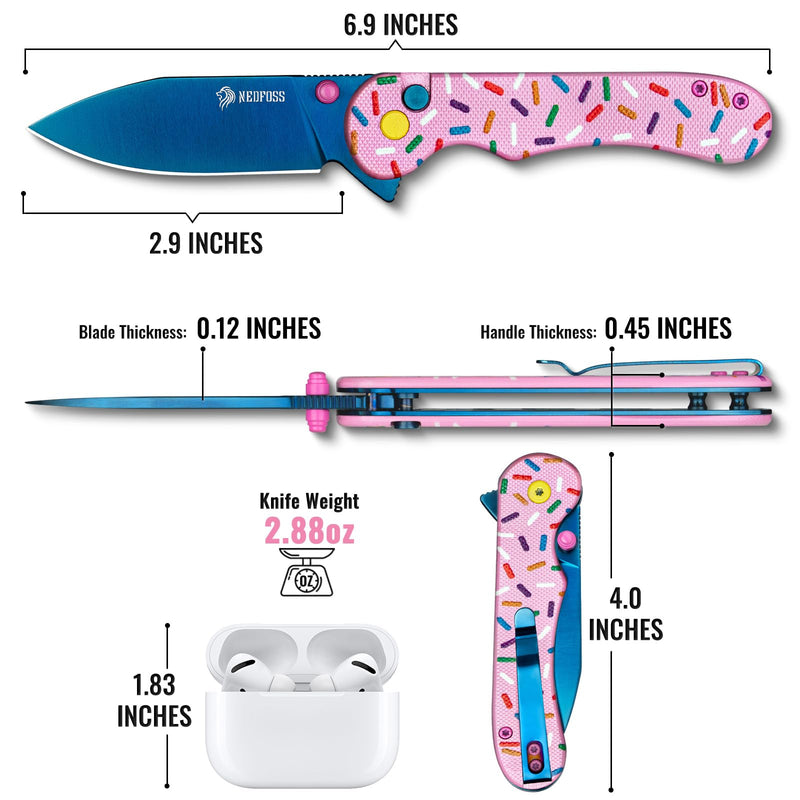 NedFoss DONUT Pink Pocket Knife for Women Men, 2.9" Blade Small EDC Knife, 14C28N Steel Button Lock Knife, Unique Donut Design G10 Handle Folding Knives DONUT_PINK