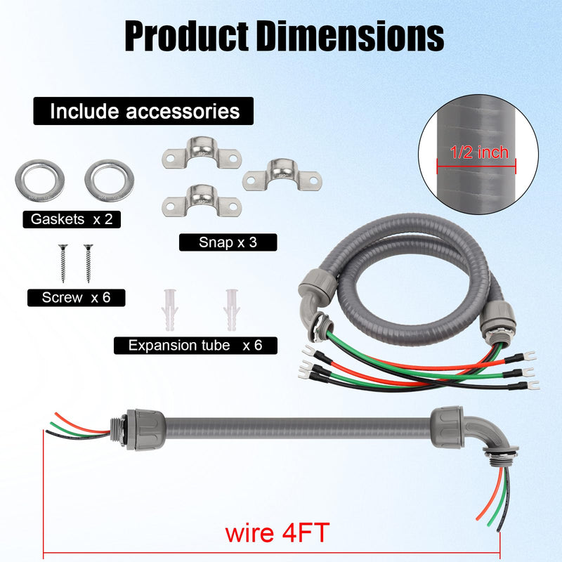 1/2Inch Power Whips Assembly, 4FT Nonmetallic Liquid Tight Flexible Conduit Wire with 3 Conductors 10 Gauge THHN Electrical Wires, A/C Hook-up Whip Kit Electrical Wire(4FTx1/2Inch) Teminal