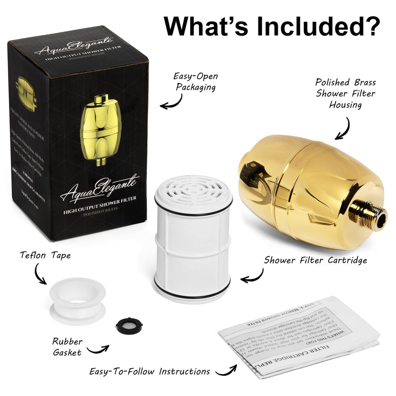 Aqua Elegante Shower Water Filter For Showerhead - Universal Shower Head Filters To Remove Chlorine & Hard Minerals - Gold Bath Purifier And Filtered Softener System Best With KDF-55 - Polished Brass