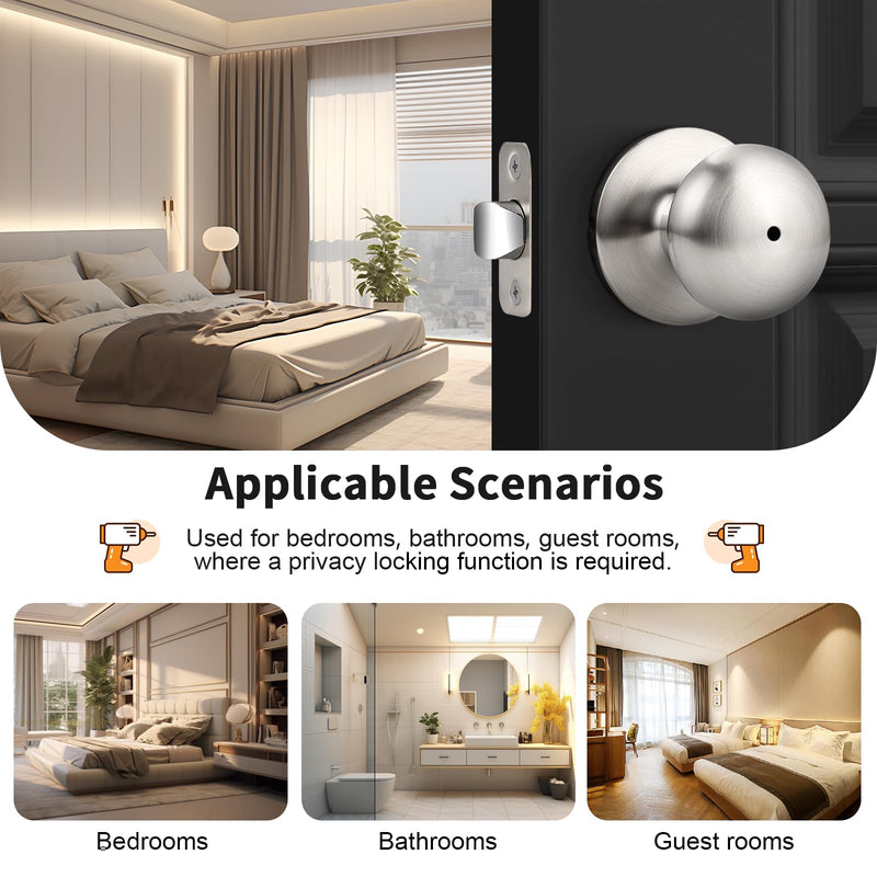 Probrico Keyless Privacy Door Knobs Interior Brushed Nickel Finish, 2 Pack Bedroom Bathroom Doorknob with Universible Handle, Solid Adjustable 60-70mm Latch
