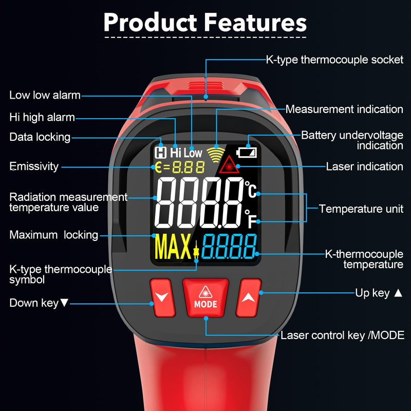 Infrared Thermometer Gun, Digital Laser Temperature Gun with Probe, -40°F~1472°F Non-Contact IR Thermometer with Adjustable Emissivity for Cooking, Pizza Oven, Griddle, Grill & Meat Red IR06 PRO -40℉~1472℉(-40℃~800℃)