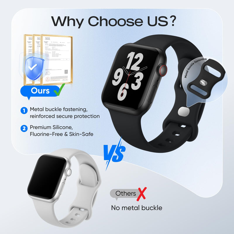 PFAS-Free Apple Watch Bands Compatible for iWatch 38mm-49mm | Series 1-11 SE Ultra 3 2 1 Soft Silicone Sport Band Waterproof Strap with Hidden Pin-and-Tuck Buckle for Swimming Gym Office Black 44mm/45mm/46mm/49mm