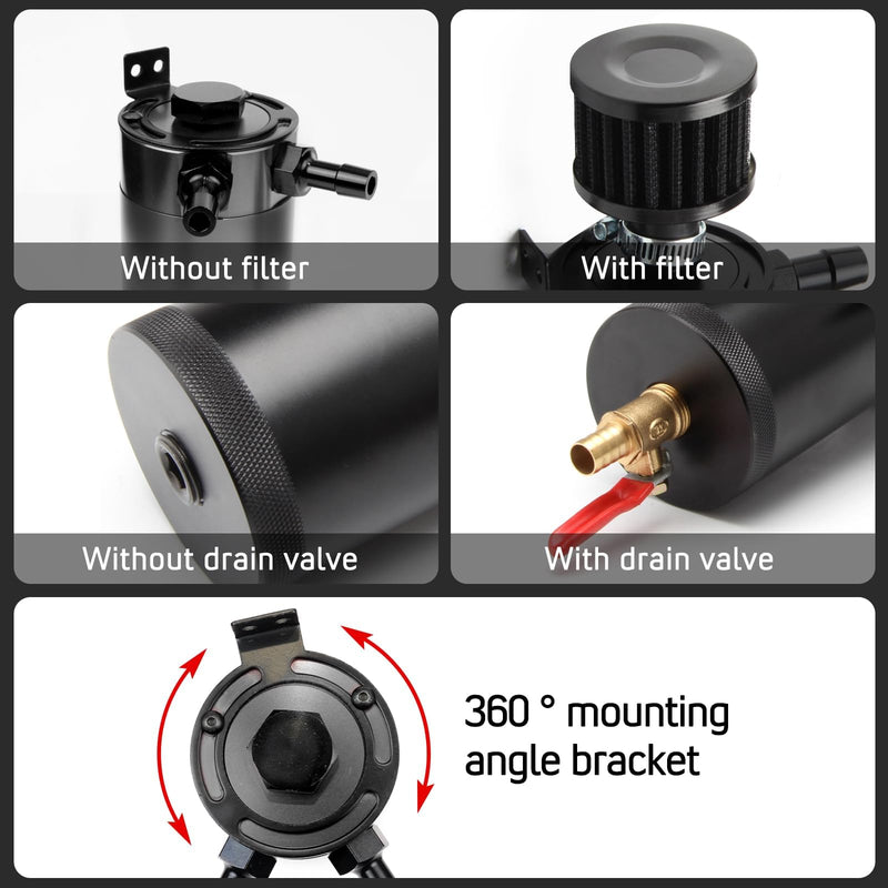 Oil Catch Can Kit with 4 Adapters + Breather Filter Drain Valve Plug 2 Ports (1 oulet + 1 inlet) 150ml Universal Aluminum Baffled Oil Reservoir Tank Oil Separator HTRACING black
