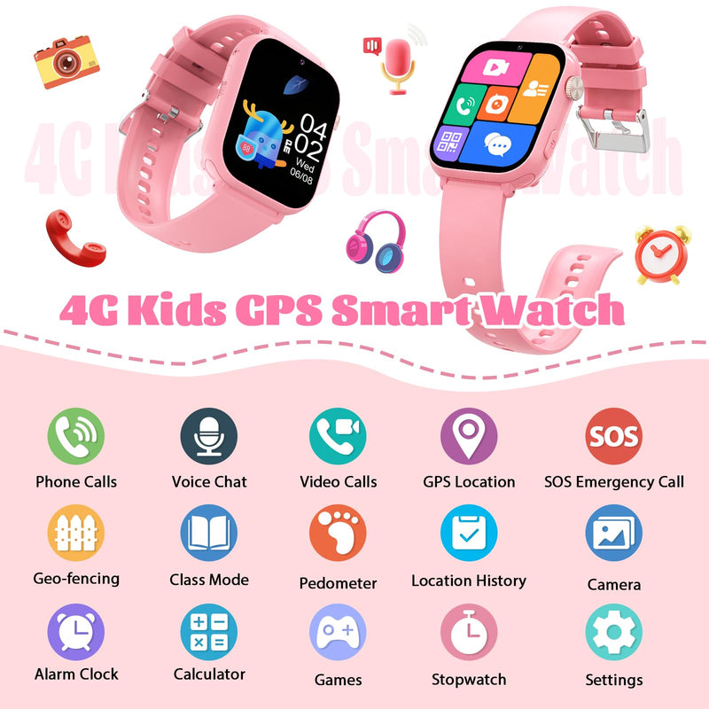 4G Kids Smart Watch for Boys Girls with GPS Tracker, SOS, Two Way Call Video Calling Voice Chat,School Mode, Alarm Clock,Safe Zones,Pedometer,Stopwatch,Games Children Smartwatch for 4-12 (4G Pink) 4G Pink