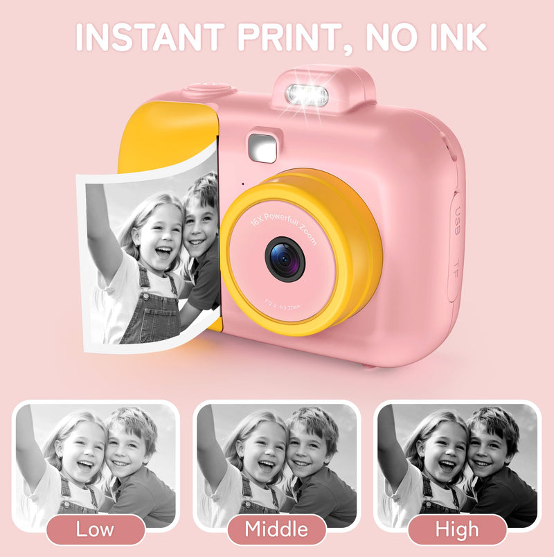 Instant Camera for Kids with Print Paper, 1080P HD Kids Camera Instant Print with 32GB SD Card, Girls Toys for Ages 5-7, Birthday Gifts for 5 6 7 8 9 Year Old Girls Pink