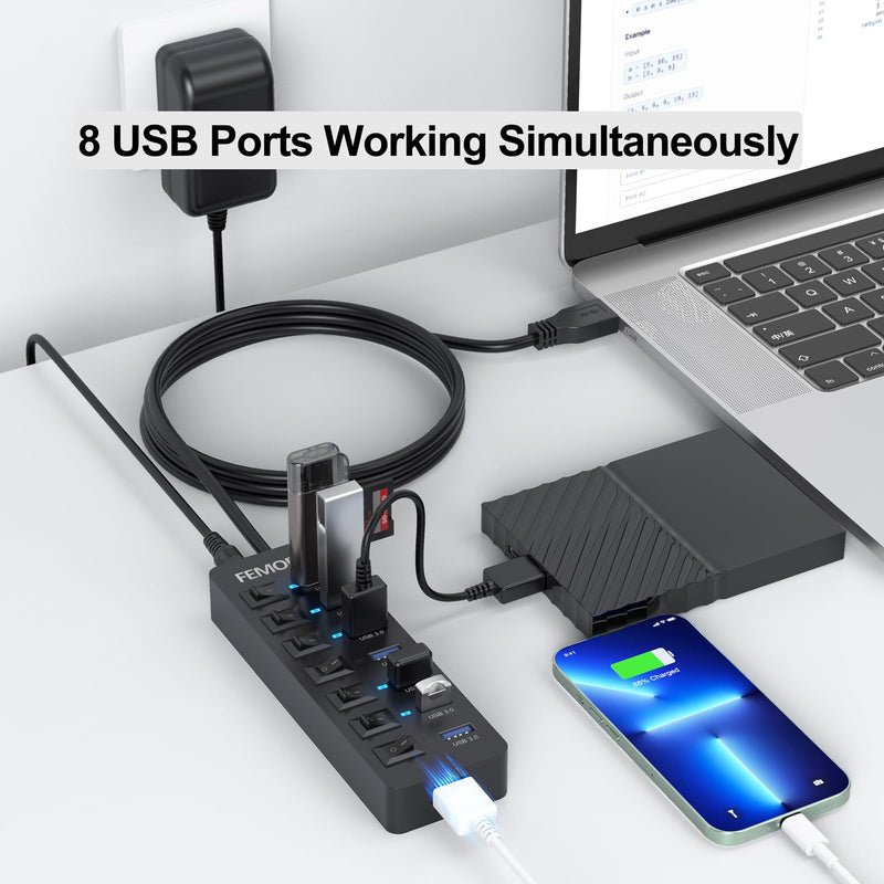 Powered USB Hub 3.0, 5Gbps Data Transfer 7 Ports and 12W Charging-only 1 Port with 5V/3A Power Adapter 4Ft Long Cable & Individual Switches for Laptop PC Flash Drive External SSD HDD Keyboard Mouse 1 Pack 7 USB 3.0 +1 Charging