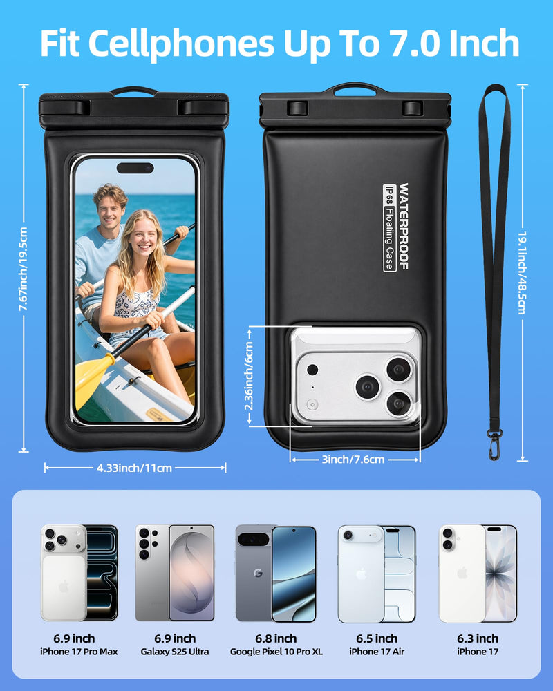 PEDVSTY Floating Waterproof Phone Pouch 2 Pack - Up to 7.0", Black | Touchscreen, IP68 Waterproof Phone Case w/Lanyard, Dry Bags for iPhone Sumsang Google, Beach Kayak Cruise Travel Essentials Regular (Up to 7.0")