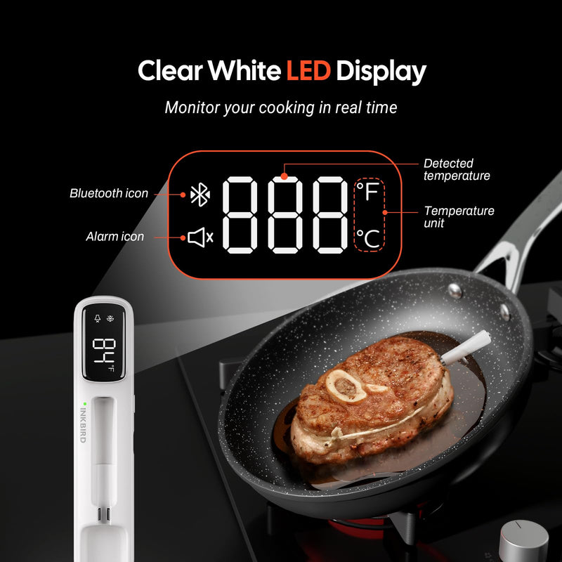 INKBIRD Mini Wireless Meat Thermometer, Bluetooth 5.4,1000ft/305m Ultra Long Connection, 60 Min Offline Data Storage, IP67 Waterproof, White LED Display, Ideal for BBQ, Grill, and Smoker 11I-B