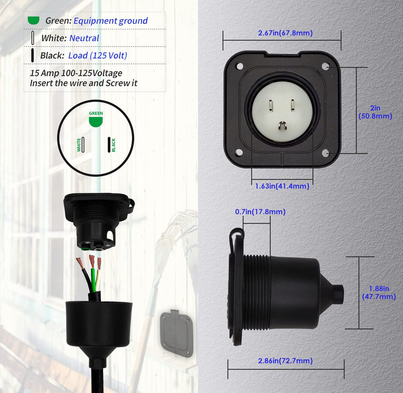 15 Amp Inlet, Shore Power Flanged Receptacle, 15A 125V Recessed Male Outlet, NEMA 5-15 AC Port Plug with Waterproof Covers, Exterior Electrical Connections for RV Trailer Shed Block Heater No Cord
