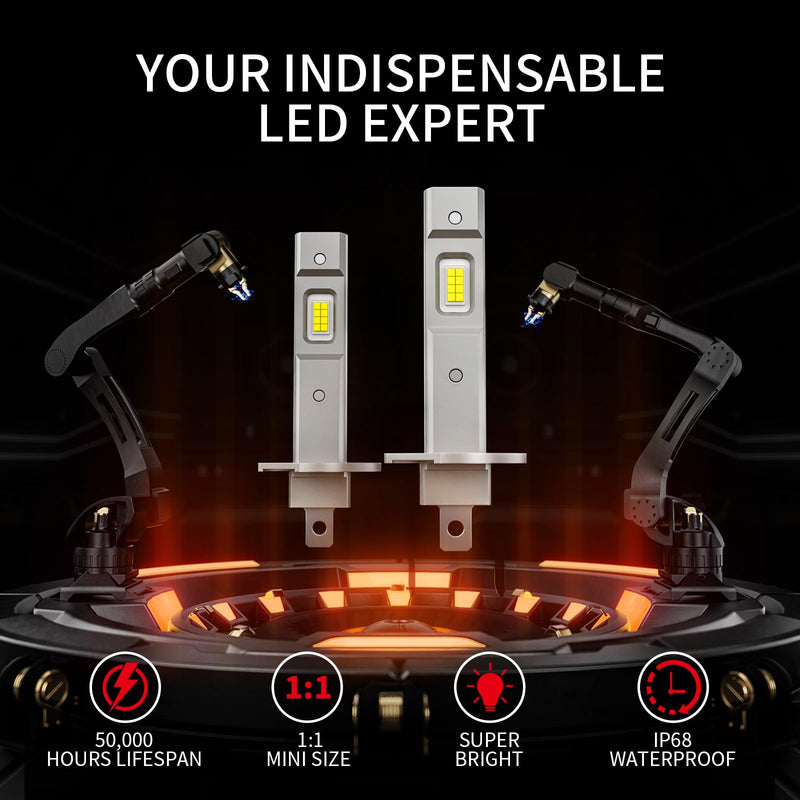 H1 LED Bulb Interior Light, 34000LM 800% Brighter 1:1 Size Backup H1 Bulb, Plug and Play 6000K Cool White, IP68 Waterproof, Pack of 2, Dome Map Door License Plate Lights