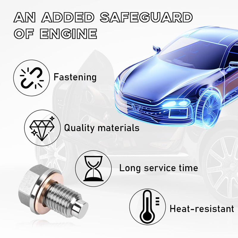 M14×1.5 Magnetic Oil Drain Plug, Aluminum Stainless Steel Sump Drain Nut Bolt with 5 Copper Crush Washer, Universal Leak-proof Replacement Car Accessories for Most Vehicles M14×1.5