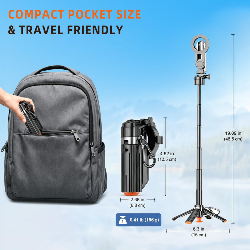 Upgrade 19" Mini Magnetic Selfie Stick Tripod for iPhone MagSafe & Android, Auto-Open Pocket Size Phone Tripod with Remote, 360° Rotatable Portable Selfie Stick for Video Recording & Travel