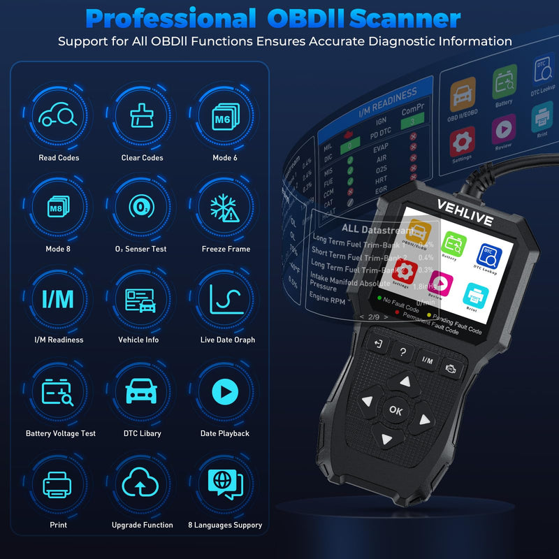 OBD2 Scanner Diagnostic Tool, Check Engine Light Car Code Reader with Reset, Battery Tester, Live Data, Freeze Frame, I/M Readiness, Car Scanner Diagnostic Tool for All OBDII Car After 1996 black