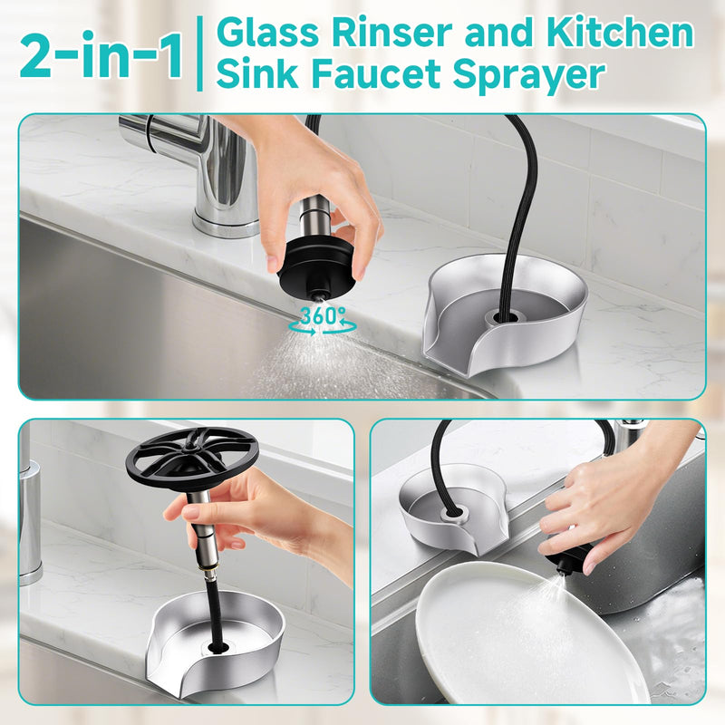 Glass Rinser for Kitchen Sink, High Pressure 360 Degree Rotating Spout Glass Rinser with Pull-out Spray Gun Design, Glass Cup Cleaner Sink Attachment Washer Baby Bottle, Glass Cup, Wine Glass (Silver) Silver