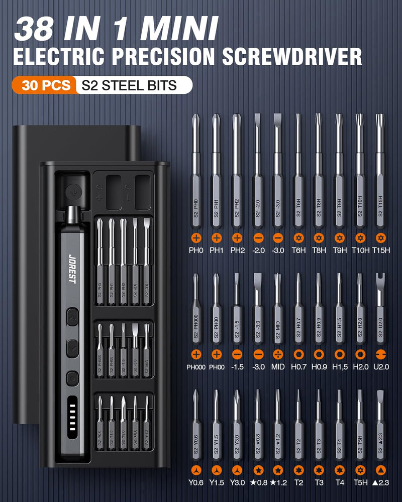 JOREST Mini Electric Screwdriver,Cordless Precision Screwdriver set with 38-in-1 Magnetic Bits, 5 Torque Settings, Repair Tool for iPhones, Laptop, Drone, Game Console, Camera;Birthday Gift for Father 38-in-1 electric