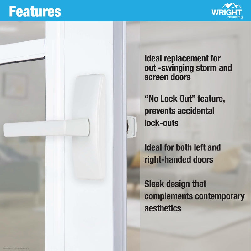 Wright Products Contemporary Lever Latch with No Lock Out Feature, Surface Mount Storm Door Handle for Metal and Wood Doors, Easy Installation, Durable Replacement Latch, Matte Black (White) White