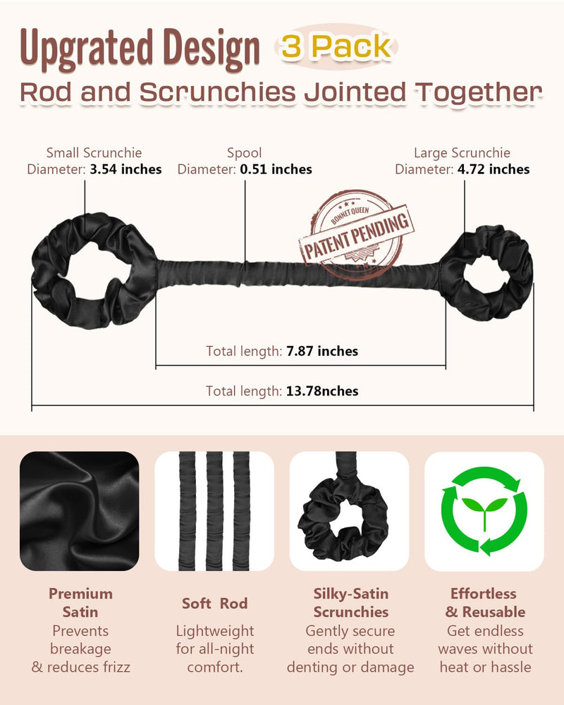 BONNET QUEEN 3 Pack Small Satin Heatless Curlers for Short Hair, Heatless Curls Overnight, No Heat Hair Styling Rod, Damage-Free Small Curls with Built-in Scrunchie, Black 1 count (Pack of 3) Black-Short