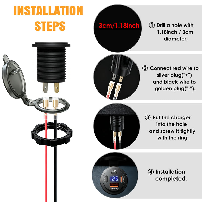 2 PCAK 12V USB Outlet PD Fast Charging, Multi Port Car Charger Socket 12V/24V with Voltmeter, Waterproof USB Cigarette Lighter Replacement for Car Boat Marine RV Golf Cart