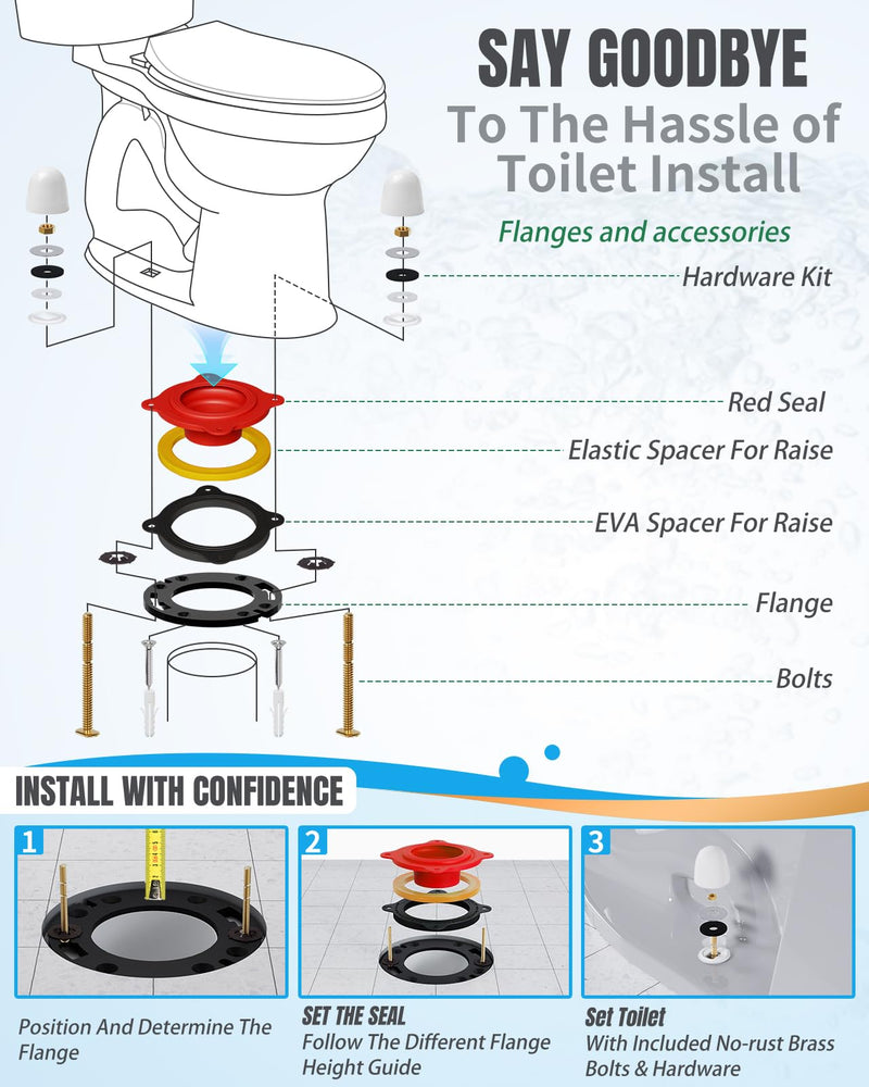Universal Toilet Flange Repair Kit TF02-RI – Includes Flange, Elastic Wax Ring Gasket & Waterproof Sealing Tape with Brass Bolts, Better Than Toilet Wax Seal, Double Sealing Protection Flange+Caps+Tape Red