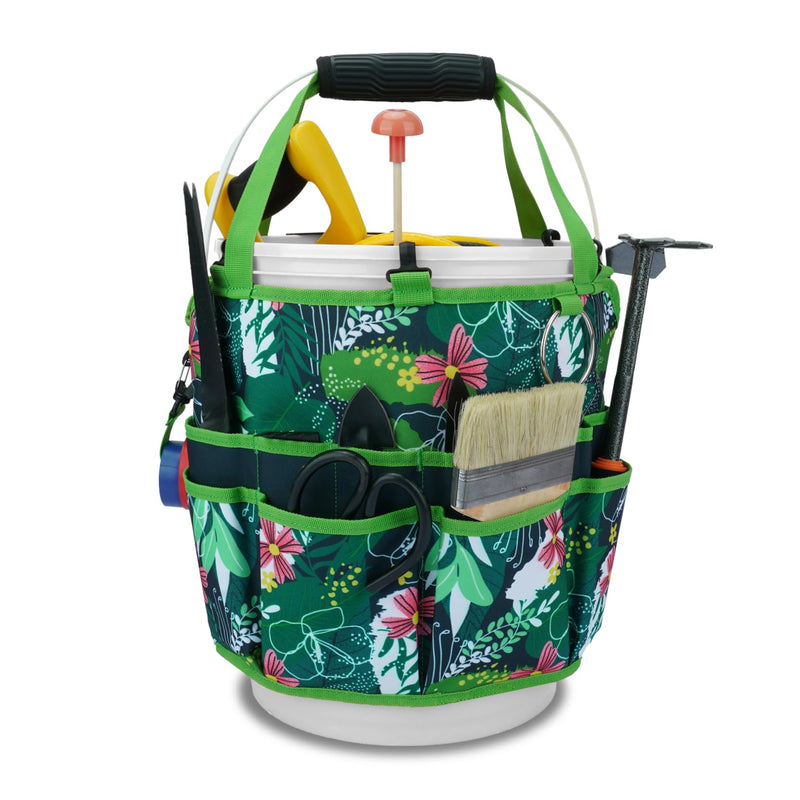 KUNN Bucket Tool Organizer 5 Gallon 18-Pocket Gardening Tool Bag with Hangable Handle | Garden Caddy & Bucket Accessory, Green Green Leaf