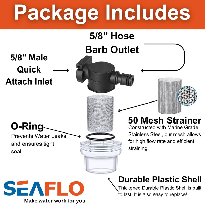 SEAFLO Inline Water Pump Filter 35S01-5/8" Female Quick Attach & 5/8" Hose Barb, 50 MeshSteel Strainer with Plastic Shell, Fits SEAFLO 35 Series Pumps, RV, Marine, Agriculture, Lawn Care (5-Pack)
