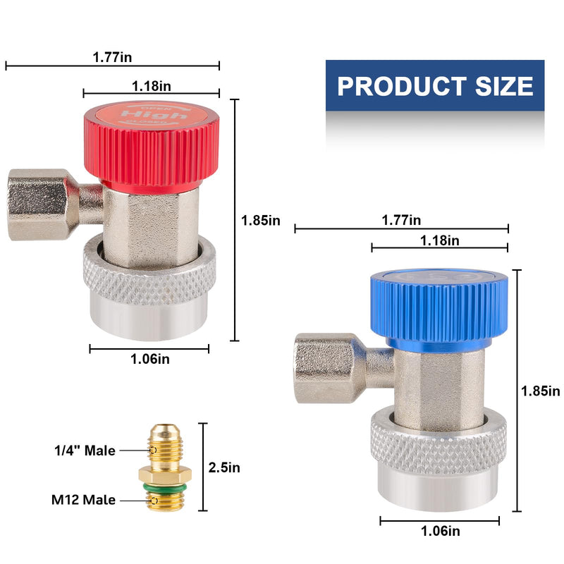 2PCS Superior Efficiency R134a Refrigerant Adapter and Hose Fittings, Automotive A/C High/Low Pressure Couplers for Maintenance and Refill