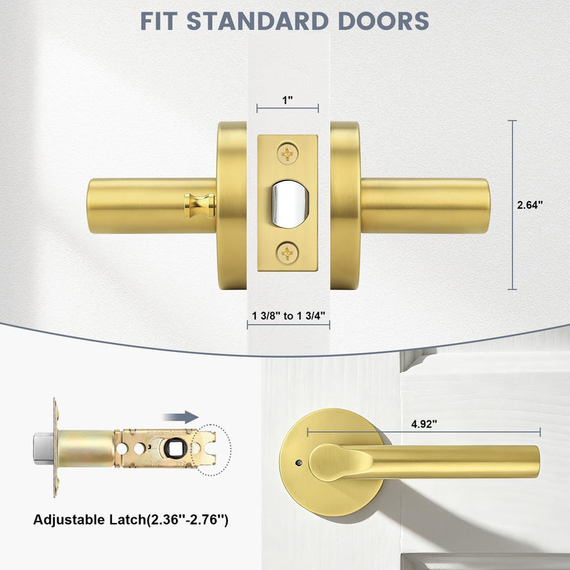Gold Privacy Door Handles Interior Keyless Door Lever,Left & Right Hand use Door Lock for Bath and Bed,Modern Stainless Steel Privacy Door Lock,1Pack Gold 1