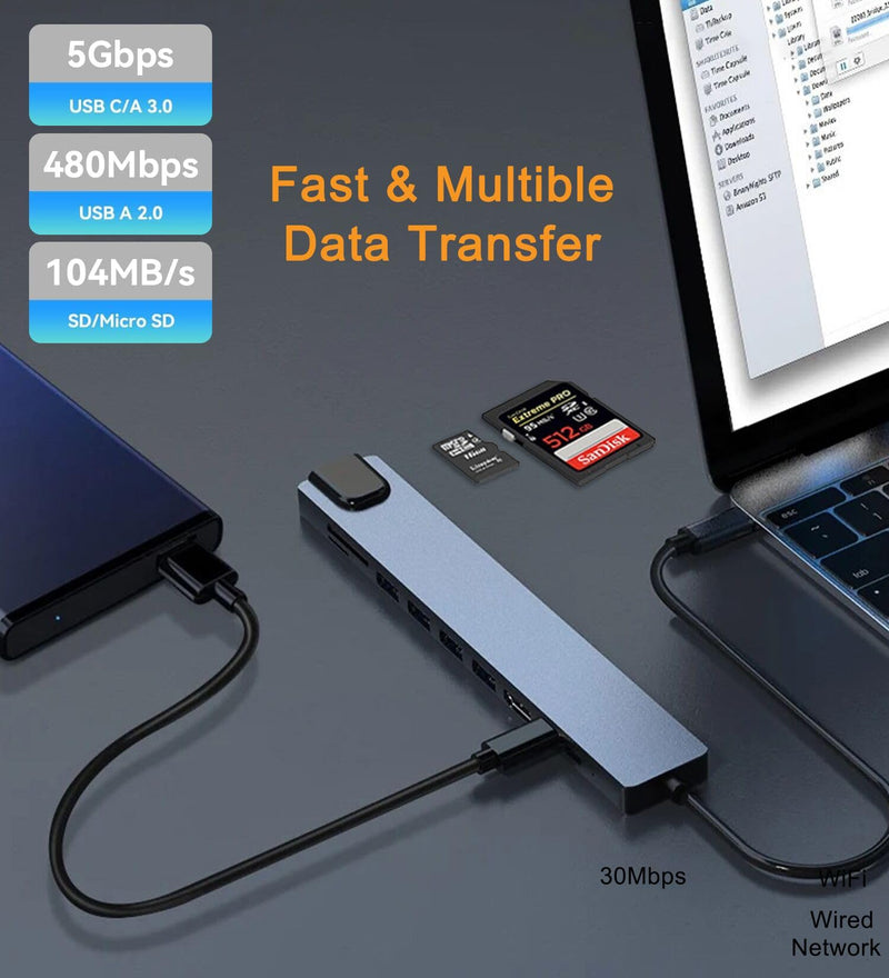 USB C Hub Ethernet HDMI Adapter, 8 in 1 Docking Station with 4K HDMI, RJ45 Ethernet, SD/TF Card Reader, USB 3.0/2.0, PD 100W, LAN USB-C Dongle for MacBook Pro/Air, iPad Pro, XPS, etc 8-in-1