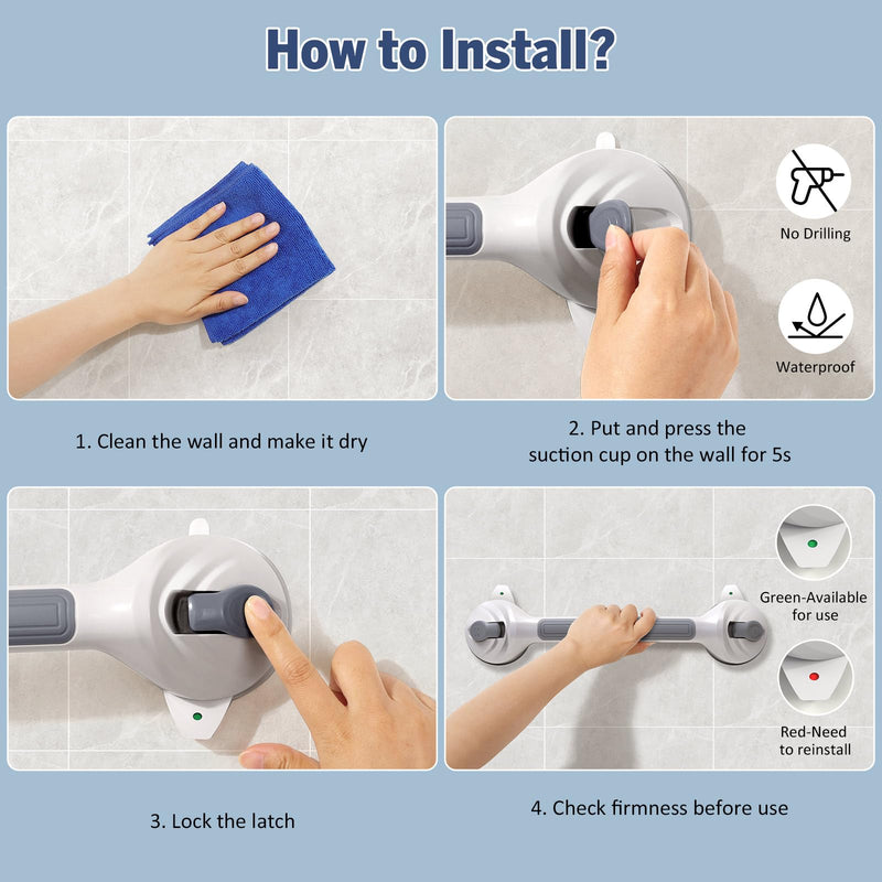 Grab Bars for Bathtub and Shower, 2 Pack Shower Handle with Strong Suction Cups, 16.8 Inch Bathroom Grab Bars for Seniors, Removable Shower Safety Handrail for Elderly, Drill Free, Waterproof 2 packs-Grey White
