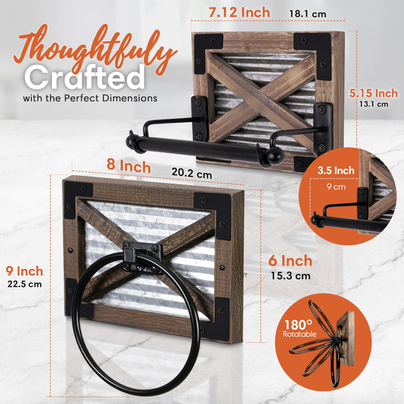 Autumn Alley Rustic Farmhouse Toilet Paper Holder and Towel Ring Rack Set, Wall Mount Farmhouse Wooden Toilet Paper Holder and Bathroom Hand Towel Holder- Farmhouse Bathroom Accessories Set