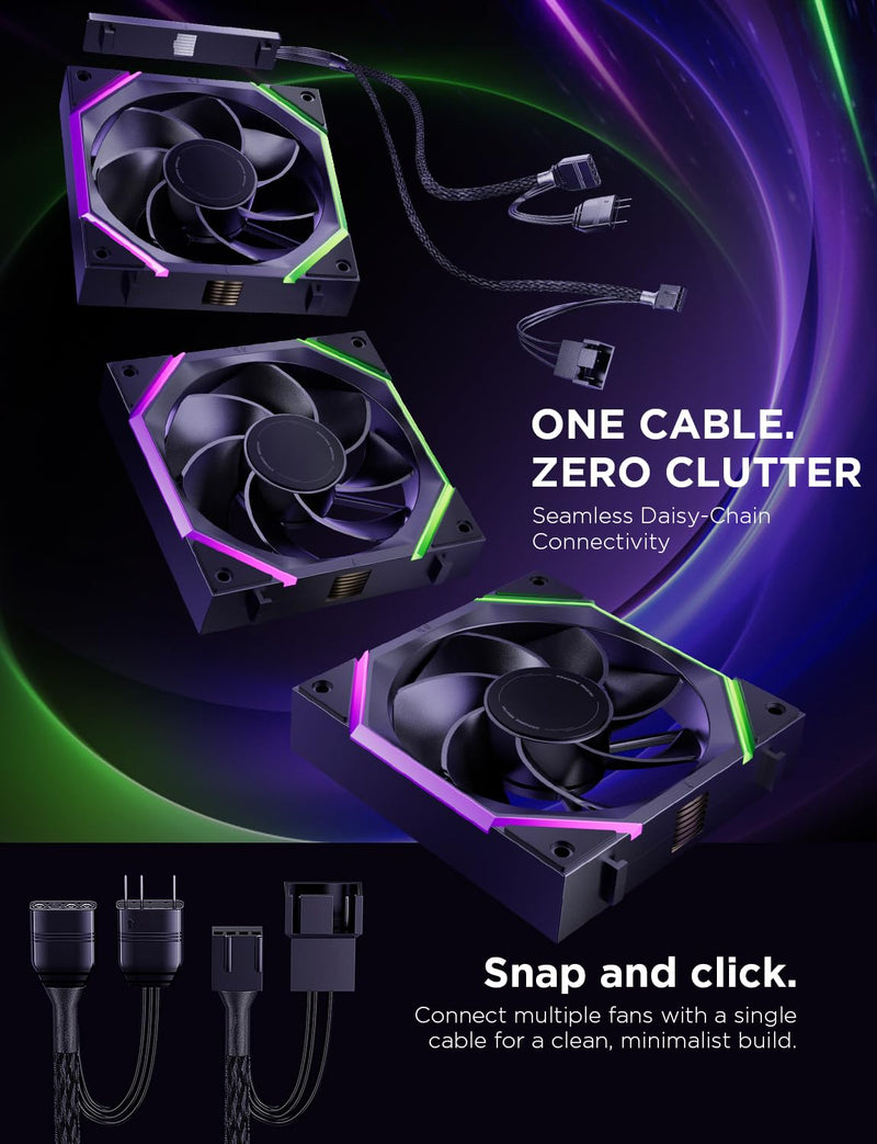 AsiaHorse Nyota Pro 120mm PC Fans ARGB PWM, Modular Daisy-Chain Design, Dual-Zone Asynchronous Lighting, 18 Addressable LEDs, 2000RPM High Airflow 61.5CFM, Low Noise 29dB, for PC Case & Liquid Cooler Reverse -3 Pack-120mm Black