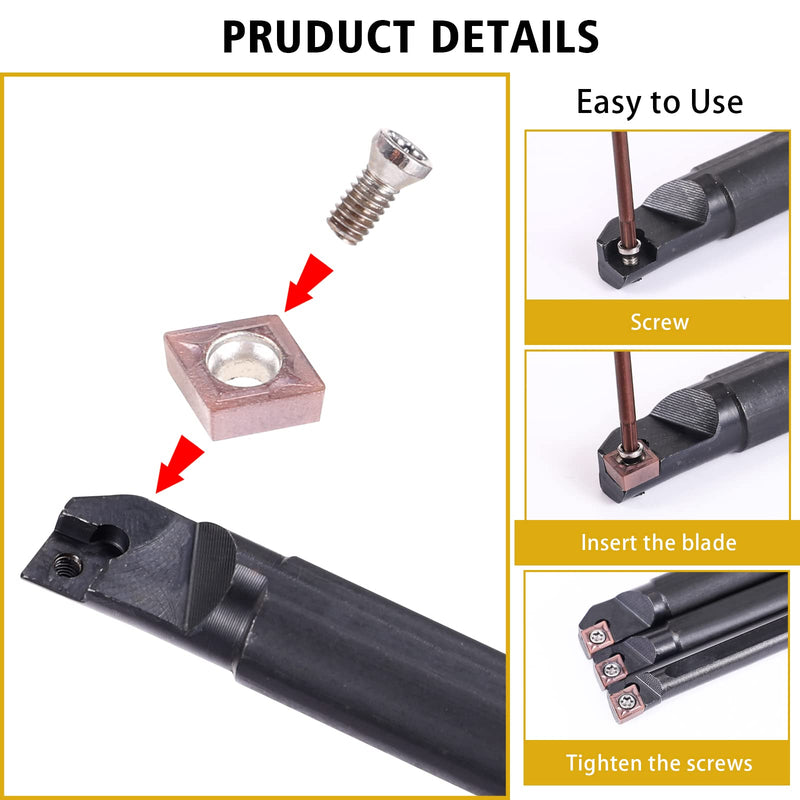VerRich 13 Pcs Indexable Lathe Turning Tool Kit,3pcs Lathe Boring Bars S07K/S10K/S12M-SCLCR06 and 10Pcs Carbide Inserts CCM21.51/CCMT060204