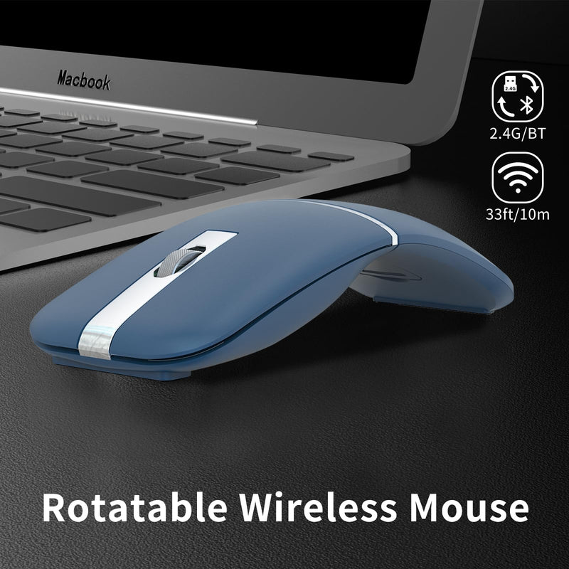 Bluetooth Arc Travel Mouse - BT & USB Wireless Dual Mode, Rechargeable | Slim Rotatable Portable, 3-Speed DPI, Silent Computer Mice for Microsoft Laptop PC MacBook Chromebook Tablet - Sapphire Blue