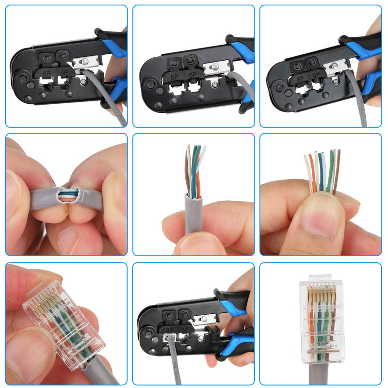 RJ45 Crimping Tool Kit Ethernet Crimp Set, RJ-11, 6P/RJ-12, 8P/RJ-45 Crimp, Cut and Strip with 20PCS CAT5 CAT5e Connectors, Covers,1 Network Cable Tester 1 Wire Stripper JN-1