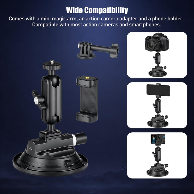 HSU 3.9"/9.8cm Suction Cup Mount with Adjustable Ball Head Magic Arm | Quick Release Universal Car Windshield Holder, Compatible with GoPro, Insta360, DJI Action Osmo Cameras, DSLR & Smartphones