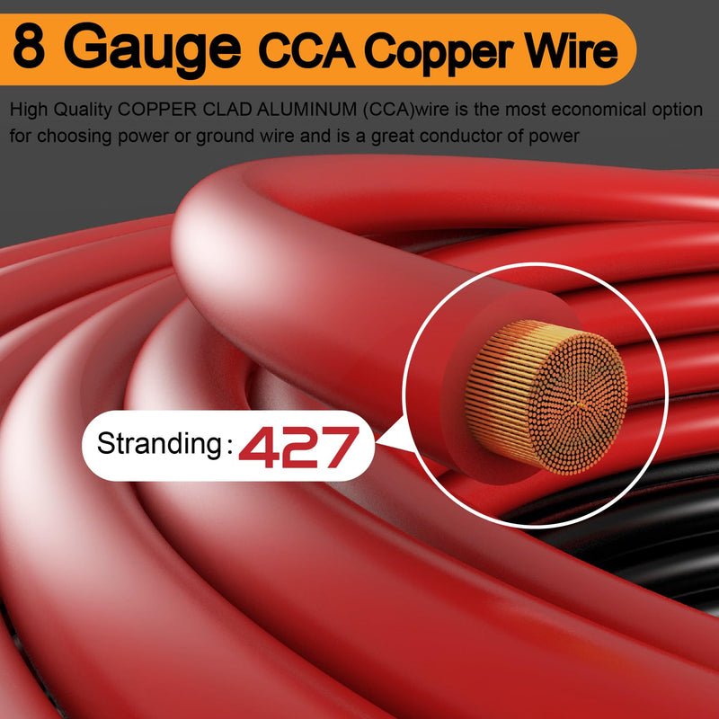 8 Gauge Wire (50ft Each- Black/Red) Copper Clad Aluminum CCA,60A AGU Fuse Holder,20pcs Lugs Terminal Connectors and 2:1 Heat Shrink Tube for Power/Auto,Amplifier,Ground Cable 100FT+60A fuse holder