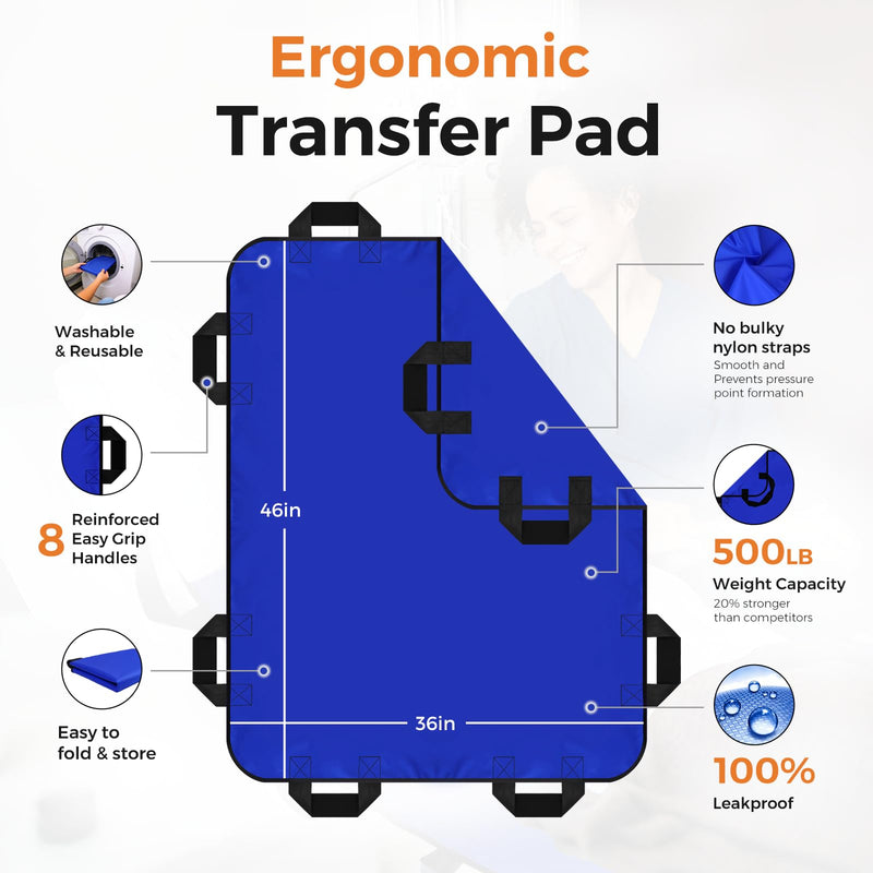 YHK Positioning Bed Pad, Draw Sheet, 8 Reinforced Handles, Reusable & Washable Transfer Sheet for Turning, Lifting, Repositioning, Lightweight Double-Sided Nylon Fabric (Blue, 36"x 46") 36''x46''
