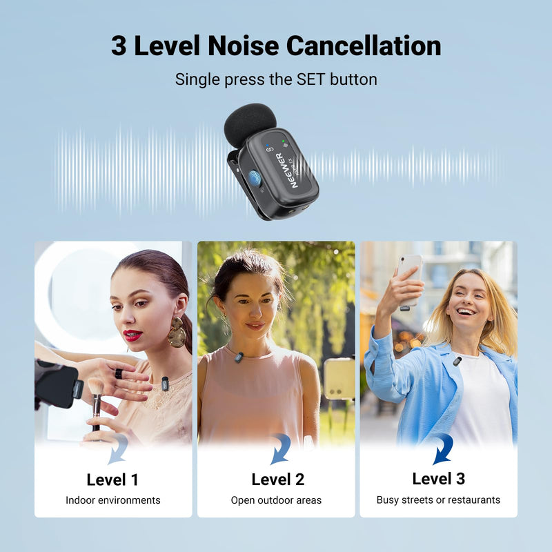NEEWER KM19 Wireless Lavalier Microphone Compatible with iPhone 17 16, Gray | Compatible with iPhone Android & PC, Mini Lav Mic, App Control, 3 Level Noise Cancelling, 30h Battery, 100m, Video Recording