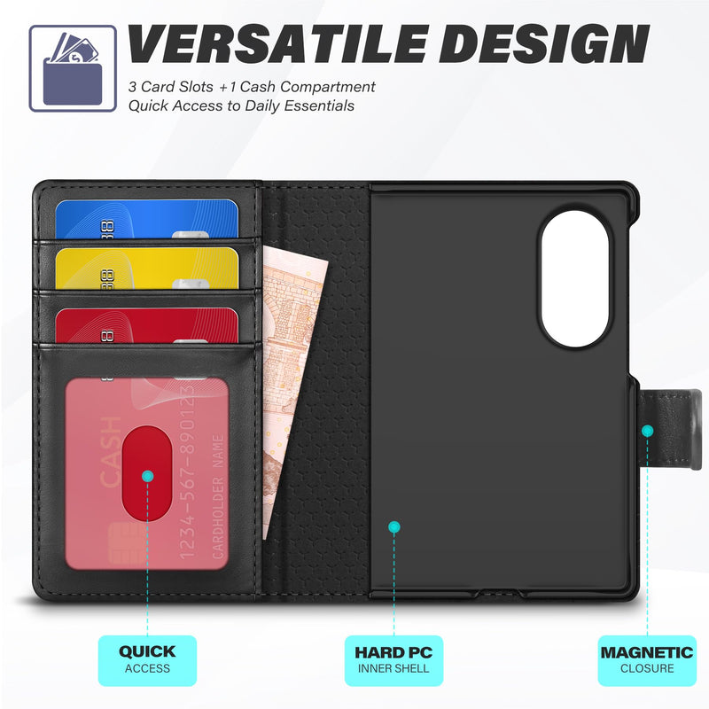 TUCCH Wallet Case with Ring Stand for Galaxy Z Fold8 (7.6") 2026, Black | 3 Card Slots, RFID Blocking, Adjustable Kickstand, PU Leather, PC Shell, Magnetic Closure, Folio Flip Cover