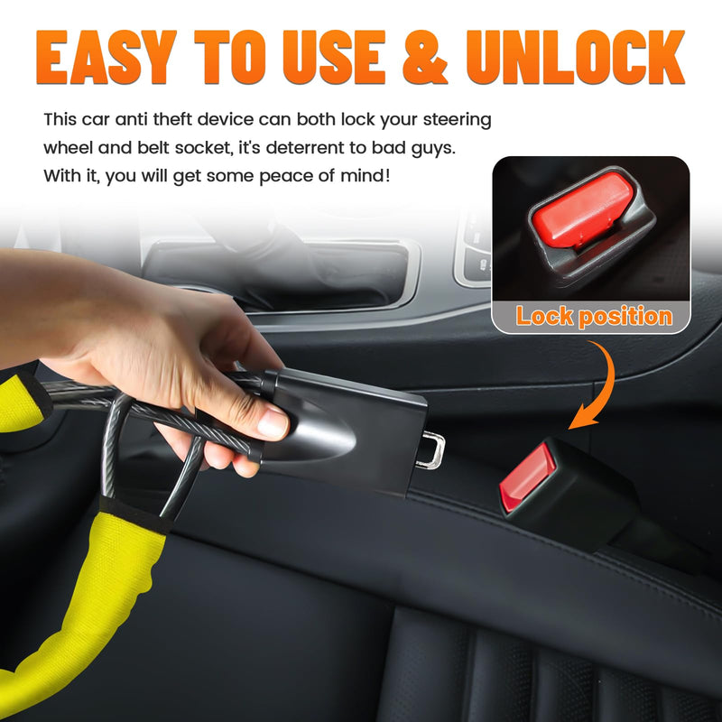 DualGuard Car Steering Wheel & Seat Belt Lock - 17" Universal Anti-Theft Device for Vehicles, SUVs, Golf Carts | Compact & Lightweight Security Lock with Multi-Function Keys (Yellow) Yellow