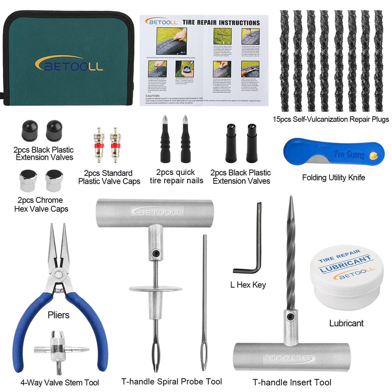 BETOOLL 35pcs Tire Repair Kits,Tire Plug Repair Tools for Car, Motorcycle, Jeep, RV, ATV,SUV, Truck, Trailer,Tractor, Lawn Mower