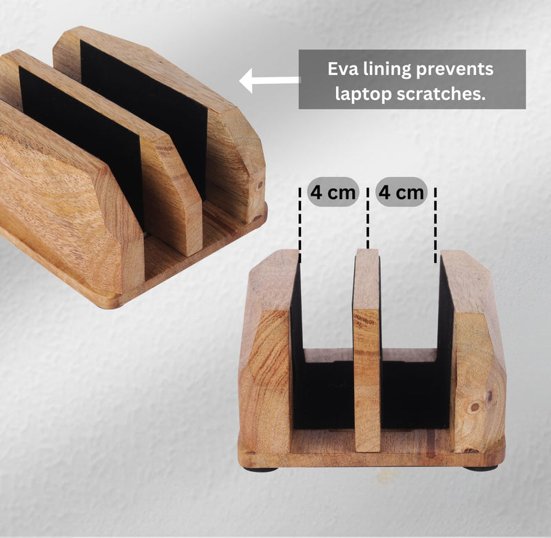 Width Adjustable Vertical Laptop Stand for Desk, Laptop Holder to Dock MacBook, MacBook Pro and Other Laptops, Versatile Vertical Laptop Docking Solutions - Mango Wood Mangowood