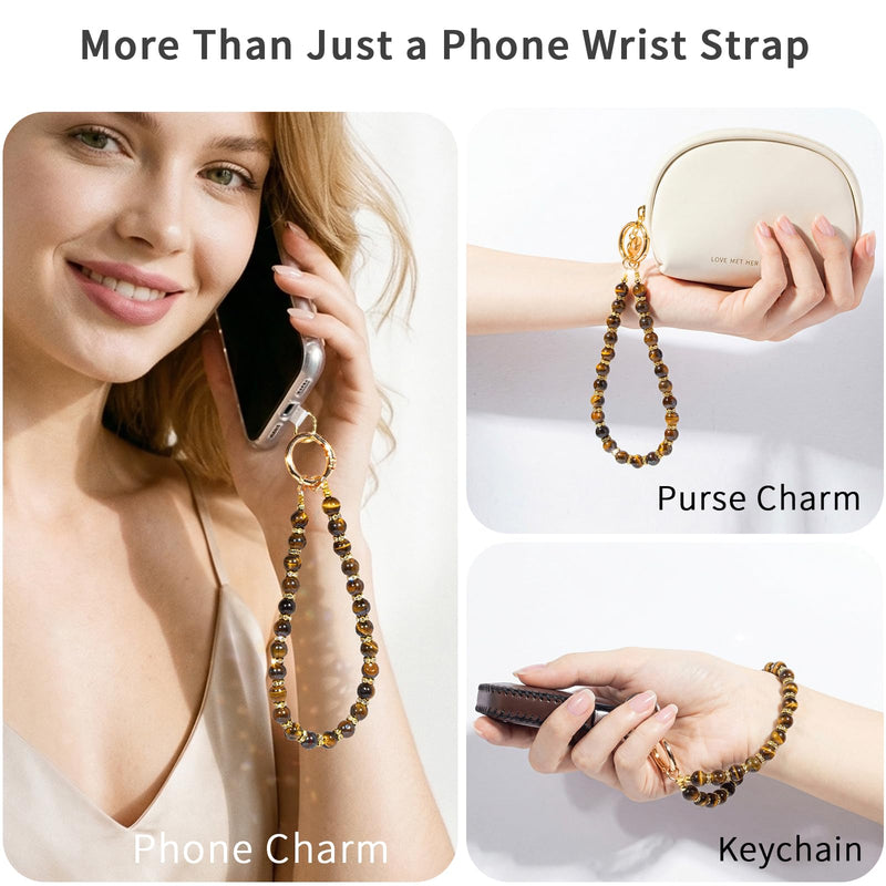 Natural Stone Phone Wrist Strap, Cell Phone Charm Bracelet Wristlet | Brown & Gold Beaded Phone Lanyard with Tether Tab for Women Men Daily Use, Strong Wire, Anti-Drop, Chain for Phone, Keychain Minimal Earth Brown Stone