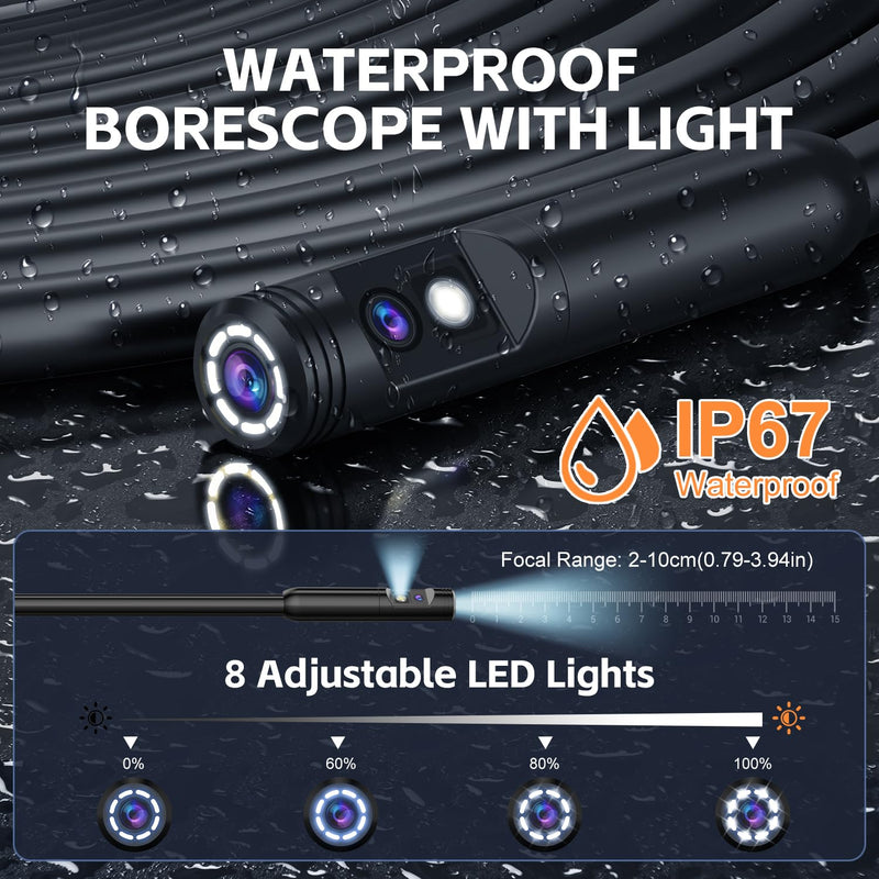 Dual Lens Endoscope Camera with Light, 1920P HD Borescope Camera with 4.3" LCD, 8 Adjustable LEDs, 16.4FT Semi-Rigid Cable & 32GB Card-IP67 Waterproof Inspection Borescope for Sewer/Drain/Pipe(Black) Black