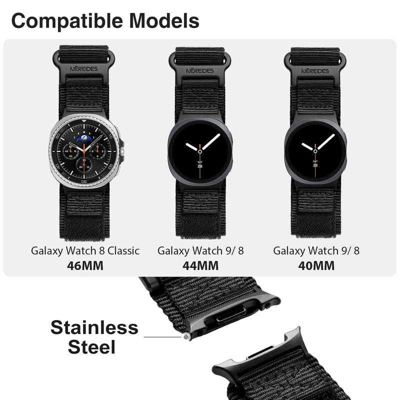 Nylon Band Compatible with Samsung Galaxy Watch 9/8/8 Classic | Breathable Sport Replacement Strap Compatible with Galaxy Watch 9 8 44mm 40mm/8 Classic 46mm for Men Women, Black