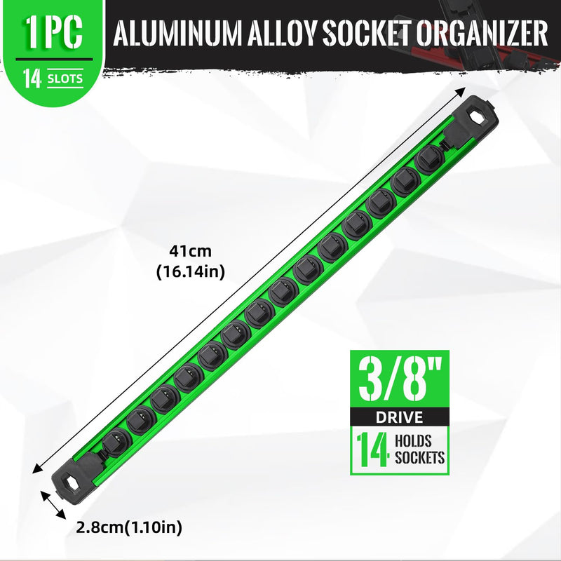 Magnetic Socket Organizer, 1-Piece Heavty Duty Aluminum Socket Holder, Socket Rail for Tool Box, Premium Quality 360° Swivel Socket Rack with 14 Clips for 3/8-Inch(Green) 3/8-Inch Drive Green