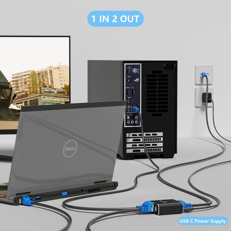 Ethernet Splitter 1 to 2 Out Adapter, High Speed RJ45 Splitter with USB Power Cable, Gigabit LAN Internet Distributor 1 to 2 Connector, 1000Mbps for Cat5/5e/6/7/8, 2 RJ45 Simultaneously Networking